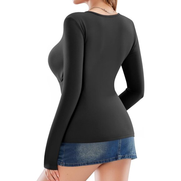 Women's V Neck Long Sleeve T Shirt Slim Fit Fleece Lined Casual Top - Picture 2 of 6